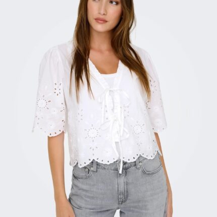 ONLMIFFY S/S EMB TIE TOP OS WVN